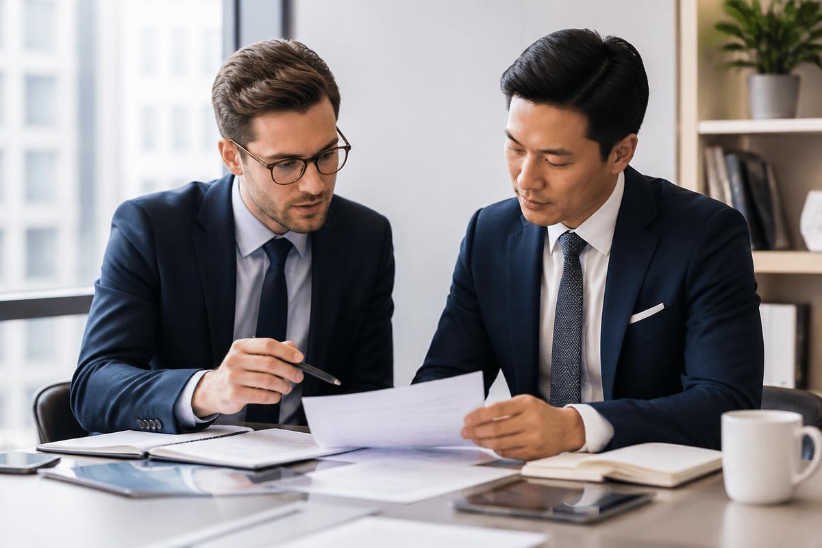 Two consultants reviewing documents together